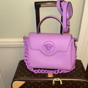 Versace Medusa Lilac Top-Handle Satchel  Chain Strap Purse Bag Purple 2 straps